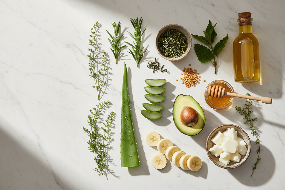 aloe vera, rosemary, nettle leaf, horsetail herb, green tea, fenugreek, avocado, banana, extra virgin olive oil, honey, shea butter, and more.