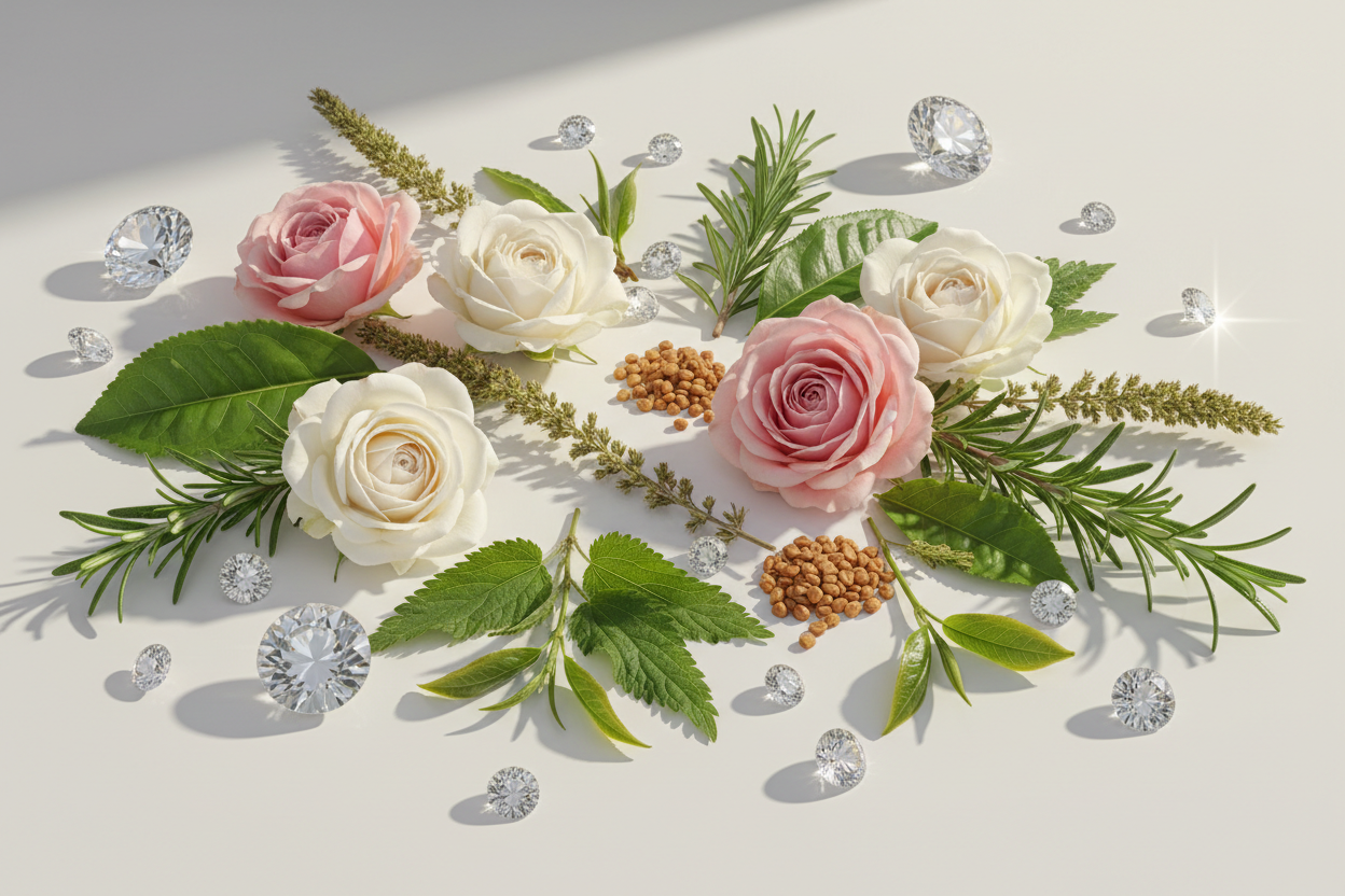 give me an aesthetically pleasing background with diamonds, roses, natural ingredients like fenugreek seeds, horsetail herbs, nettle leaf and green tea and rosemary etc